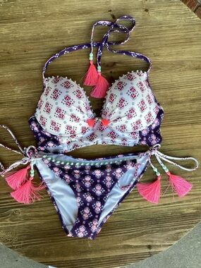 Victoria's Secret Purple, White & Pink Tassel Halter Bikini